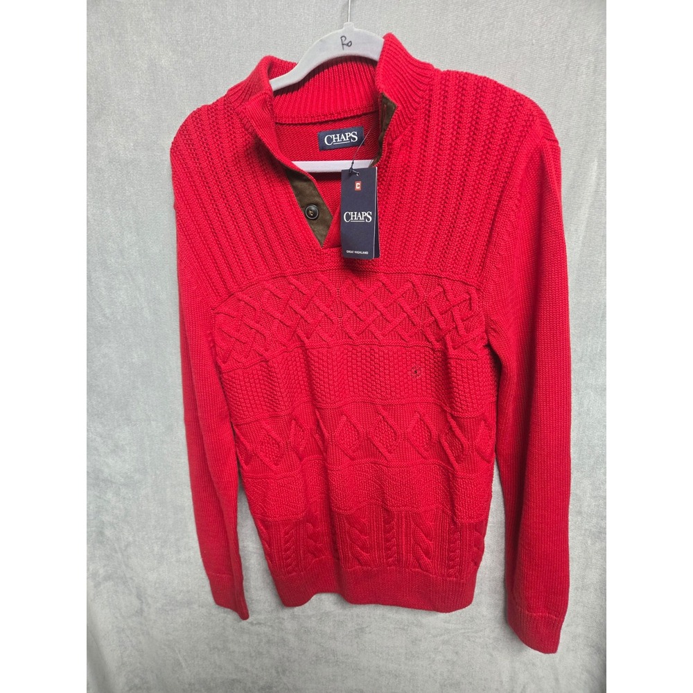 Chaps Mens Red Great Highland Quarter Button Cable Knit Cotton Sweater S